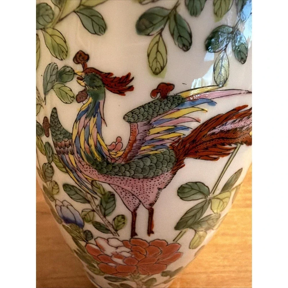 Chinese Hand‎ Painted Porcelain Vase Phoenix & Peony Motif 8.5